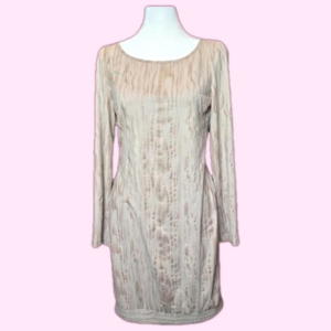 New Designer Y2K Neutral Tan Scoop Neck Long Sleeve Bodycon Mini Dress Sz Small